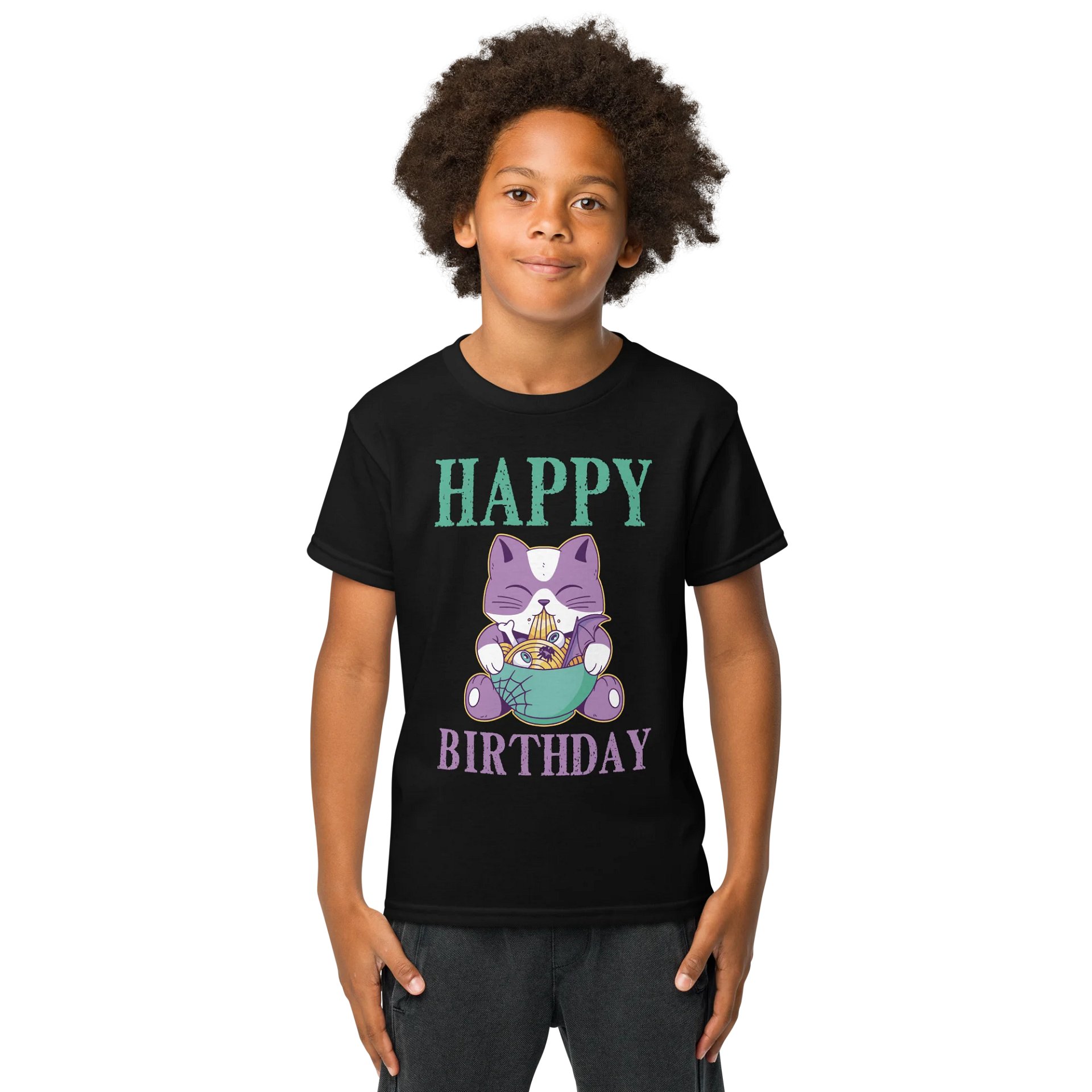 Happy Birthday (Spooky Cat Eating Noodles) T-Shirt For Kids product image (1)