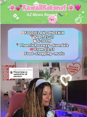 Replying to @Nikn’Nash #tiktokgocreator  Looking for something fun to do in Arizona this week? 🌵💕 From foodie festivals and K-pop to anime, fall fun and DINOSAURS, here are some events happening around the Valley! ✨ 🍜 FOODIELAND PHOENIX 📅 Sept. 25–27 ⏰ 4–10 PM 📍 Phoenix Raceway • Avondale 🎟️ From $12.57 🩷 LE SSERAFIM — PUREFLOW 📅 Friday, Sept. 25 ⏰ 7:30 PM 📍 Mortgage Matchup Center • Phoenix 🎟️ From ~$78 when checked 🎨 PHX ZINE FEST 📅 Sept. 25–27 ⏰ Fri. 6–9 PM • Sat./Sun. 11 AM–4 PM 📍 Rocket Space Gallery • TEMPE,AZ 🎟️ FREE 🌕 ARIZONA MOON FESTIVAL 📅 Saturday, Sept. 26 ⏰ 5–11 PM 📍 Saigon Center Plaza • Chandler 🎟️ FREE 🧄 GARLIC FESTIVAL 📅 Sept. 26–27 📍 Queen Creek Olive Mill 🎟️ FREE admission + parking 🦸 ACTION & ADVENTURE FESTIVAL 📅 Saturday, Sept. 26 ⏰ 10 AM–2 PM 📍 Arizona Boardwalk • Scottsdale 🎟️ FREE 🦖 DINOSAURS IN THE DESERT 📅 Opens Saturday, Sept. 26 ⏰ Opening celebration • 9 AM–1 PM 📍 Phoenix Zoo 🎟️ Included with zoo admission ✨ 60+ prehistoric creatures! ⚡ MY HERO ACADEMIA IN CONCERT 📅 Sunday, Sept. 27 ⏰ 7:30 PM 📍 Mesa Arts Center 🎟️ From $54.50 🎃 DESERT FALL FESTIVAL 📅 Opens Friday, Sept. 25 ⏰ Opening Weekend • 5–10 PM 📍 Surprise, AZ 🎟️ Attractions use credits Which one are you checking out this week? 🌵💕✨ #thingstodoinarizona #Anime #AZFoodie #weekendupdate 