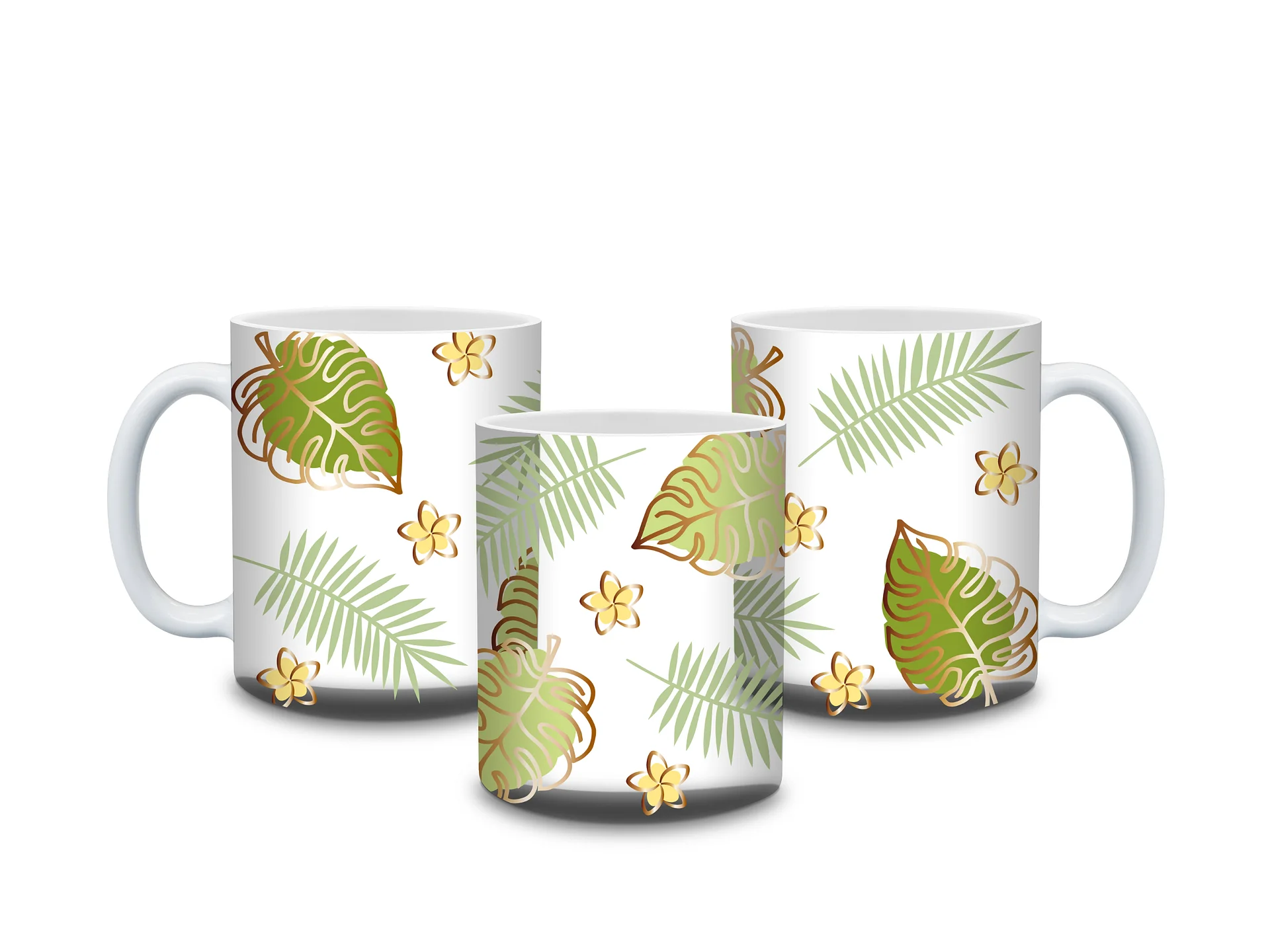 (Gold Border) Tropical Leaves and Flowers 11oz Coffee Mug – Nature-Inspired Ceramic Cup with Monstera and Floral Design – Perfect Gift for Plant Lovers product image (4)