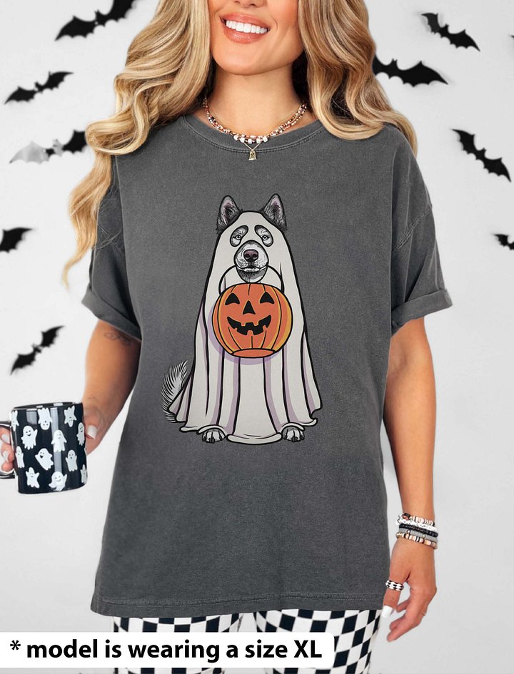 Funny Halloween Alaskan Malamute T-Shirt | Funny Dog Wearing a Ghost Costume and Holding a Pumpkin Basket product image (2)
