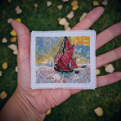 Fauvism in miniature.
Inspired by André Derain’s The Red Sails, this 3 × 2.5 inch cross-stitch captures bold color, movement,...