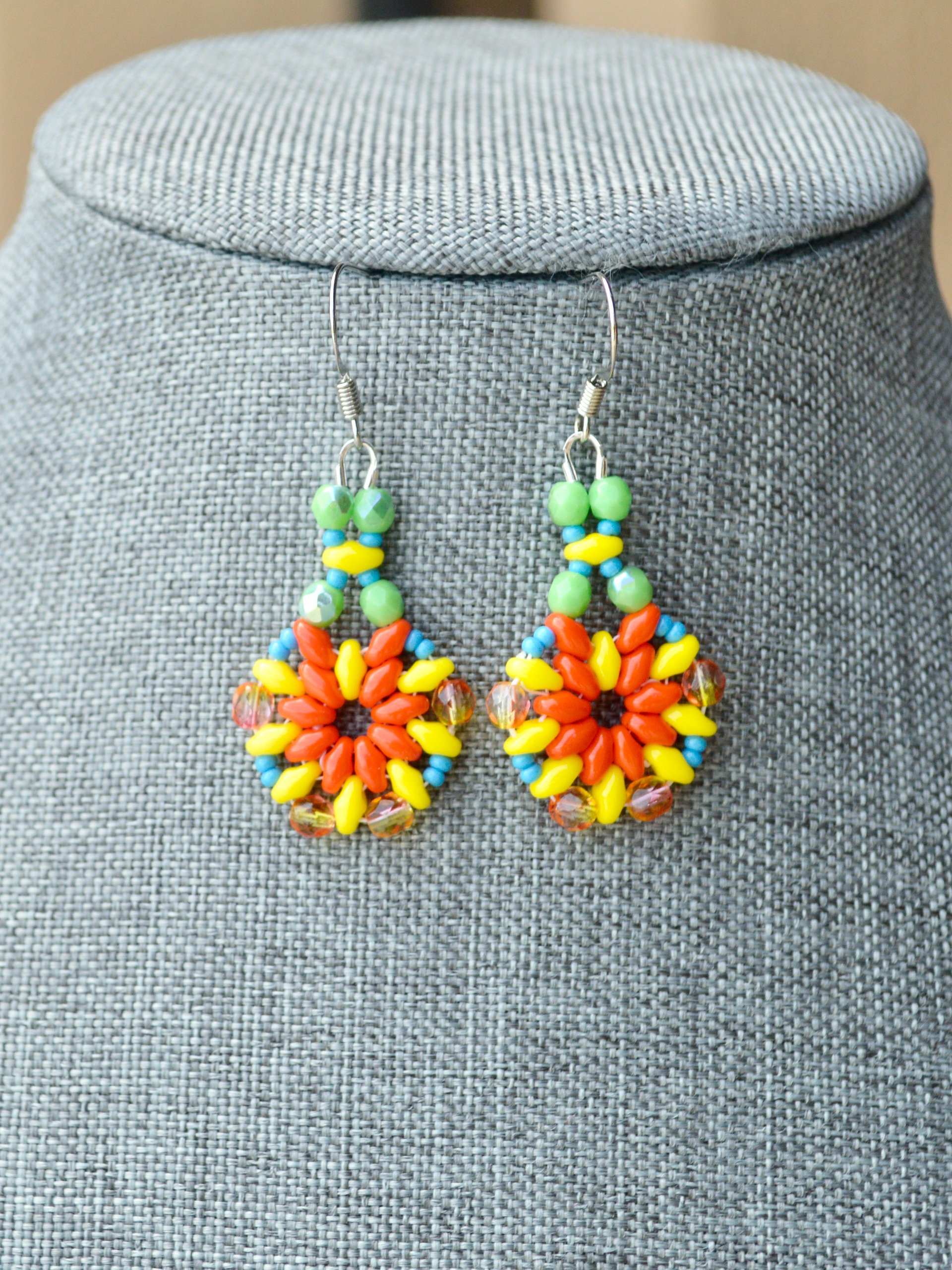 Colorful Orange and Yellow Dangle Earrings With Green Beads product image (3)