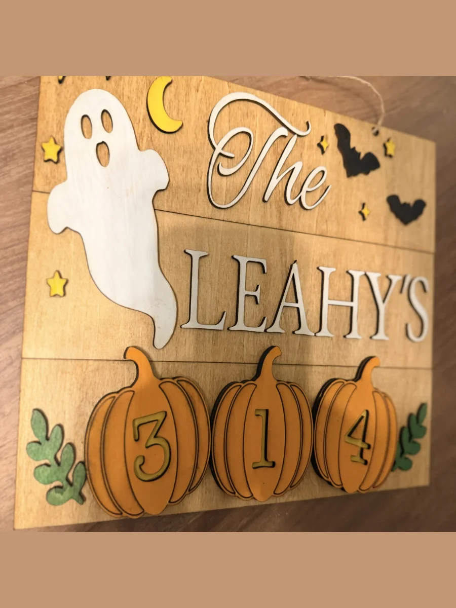 Personalized Halloween Door Hanger | Custom Family Name, House Number Sign | Basswood Pumpkin Decor product image (7)