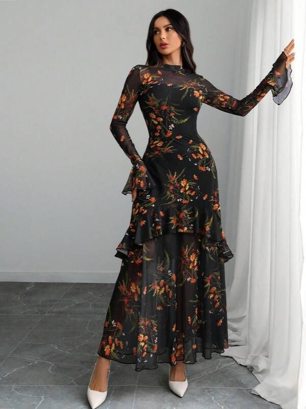 Women's Gothic Elegant Sexy Mesh Patchwork Colorful Floral Print Retro Flare Sleeve Ruffle Hem Layered Dress Vacation product image (8)