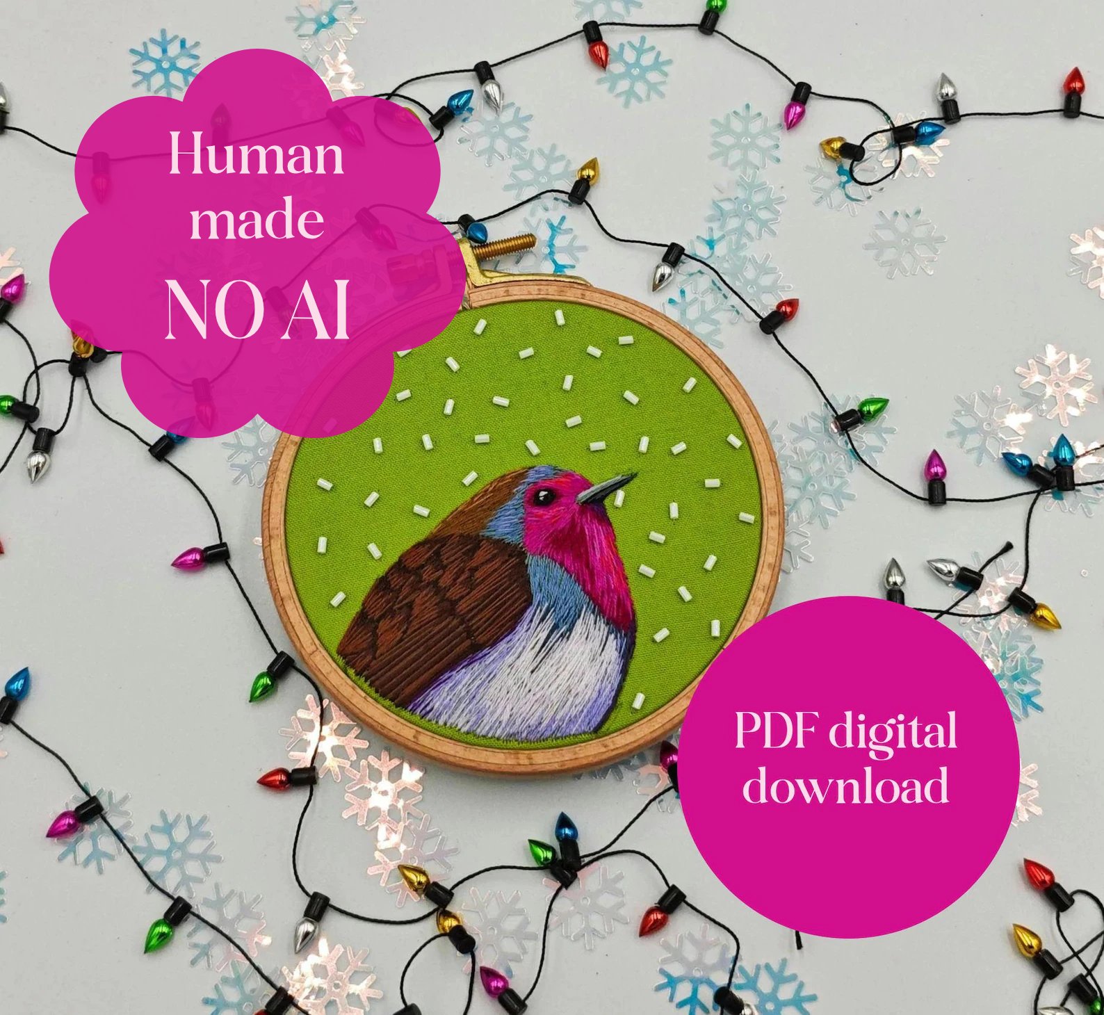 Christmas Robin PDF hand embroidery pattern and beading tutorial, DIY ornament, learn to sew product image (1)