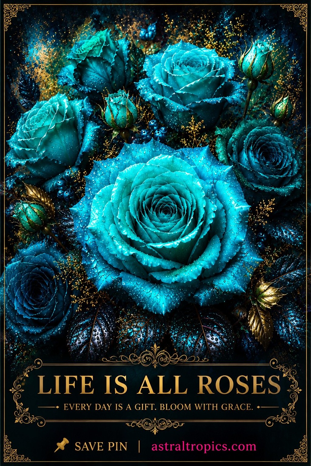 Turquoise Blue Roses Wall Art, Life Is All Roses, Teal Botanical Poster, Luxury Room Decor product image (1)