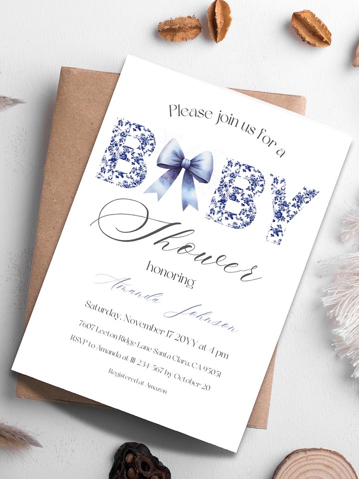 Minimalist Blue Toile de Jouy and Bow Baby Shower Invitation, Chinoiserie Floral Theme, Boy Baby Shower Invite for Digital Download product image (1)