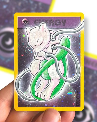 Test tube shining mewtwo-
Hand drawn on vintage energy, airbrush, paint, pens.
Card can be autographed at psa, cgc and others...