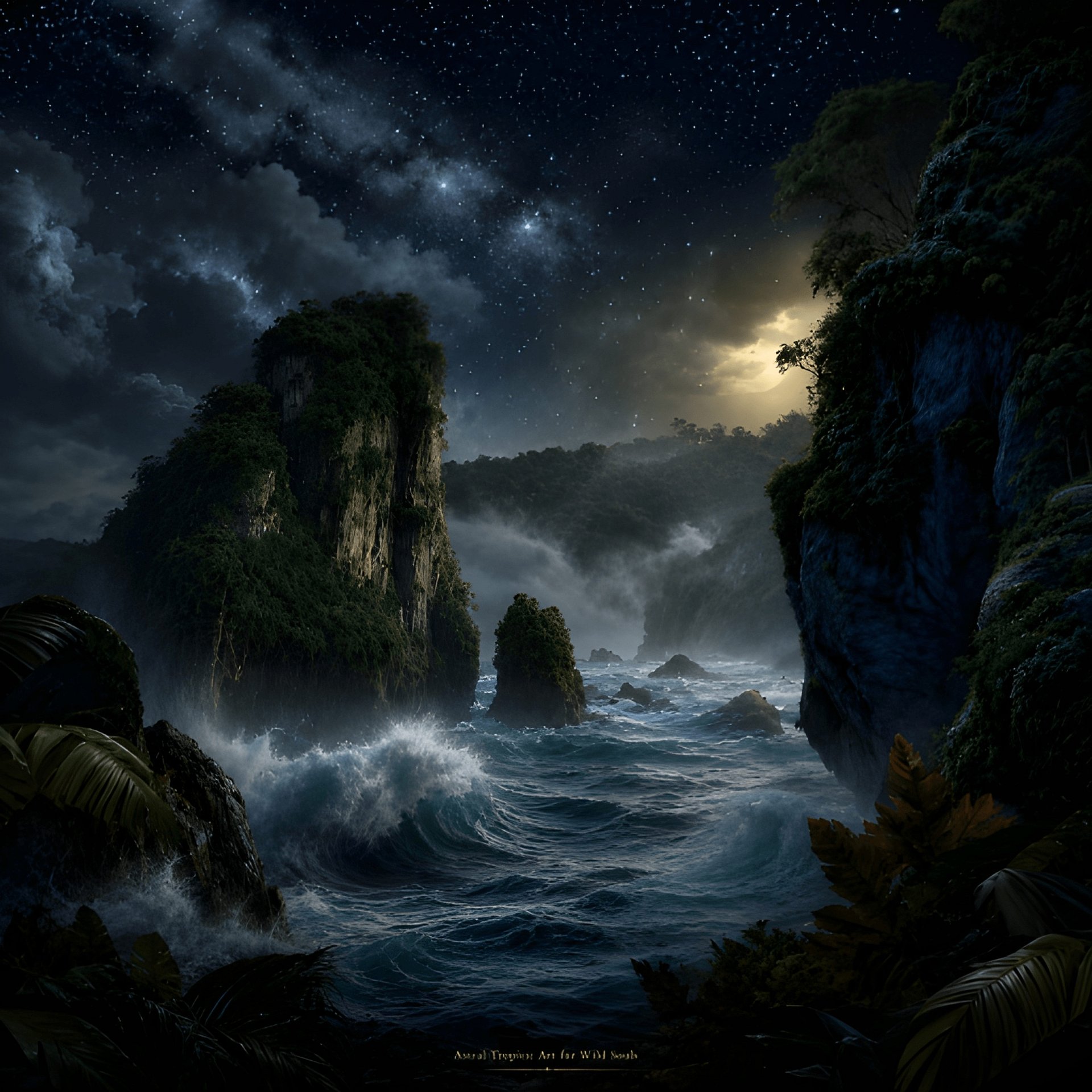 Tropical Night Ocean Wall Art, Mystical Sea Cliff Digital Download, 8K Fantasy Coastal Decor JPEG product image (2)