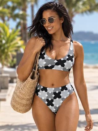 His House Womens High Waisted Bikini Set - Monochrome Mosaic by His House
