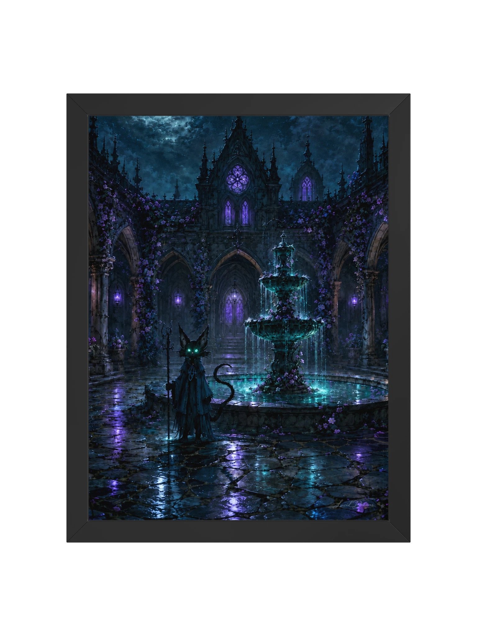Gothic Courtyard & Black Cat Framed Art Print — The Courtyard of Silent Fountains product image (5)