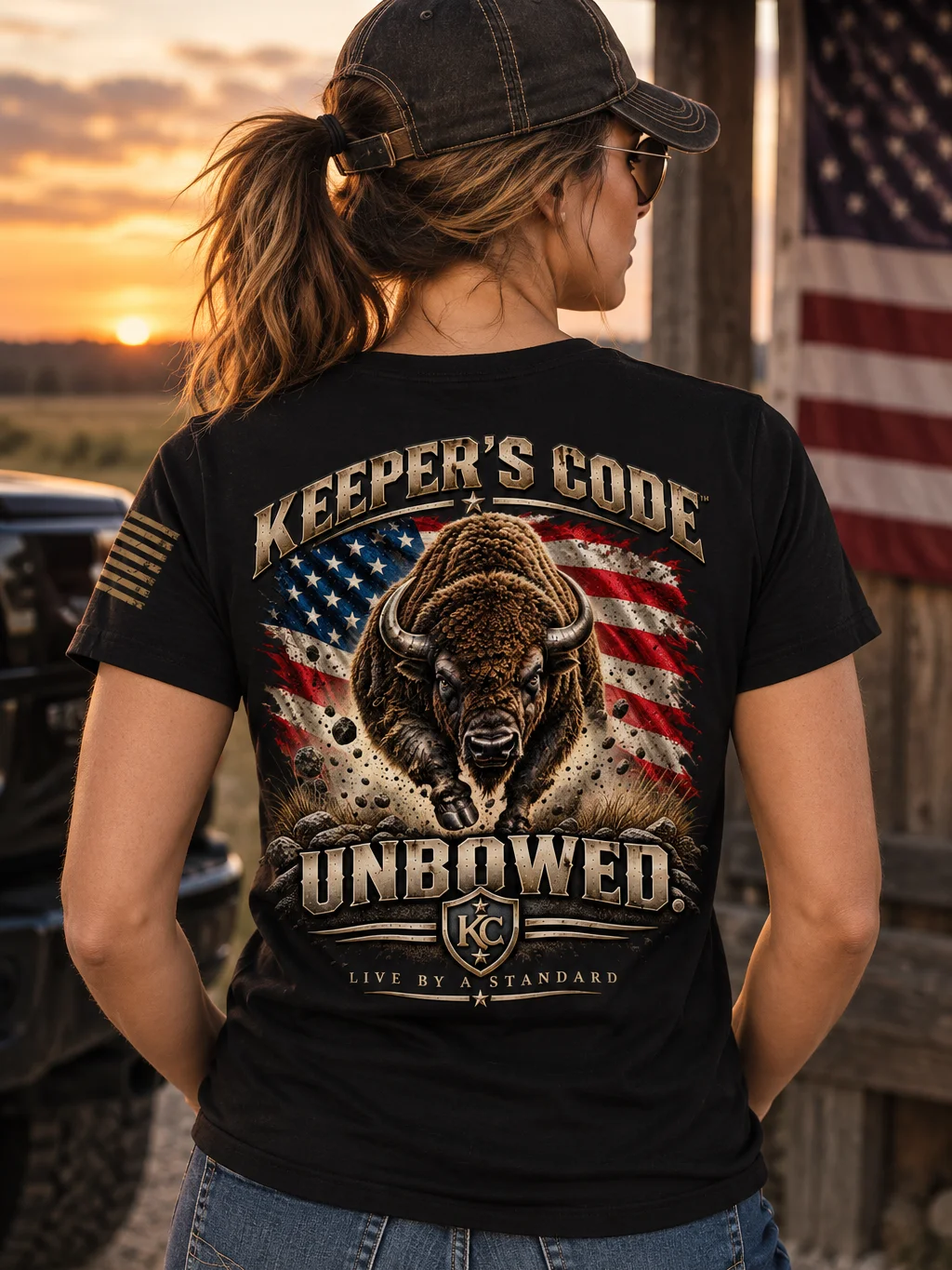 Women’s Unbowed Bison Patriotic Graphic T-Shirt product image (1)