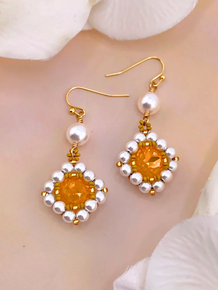 Honey Charm Beaded Crystal Earrings - Gold/White product image (2)