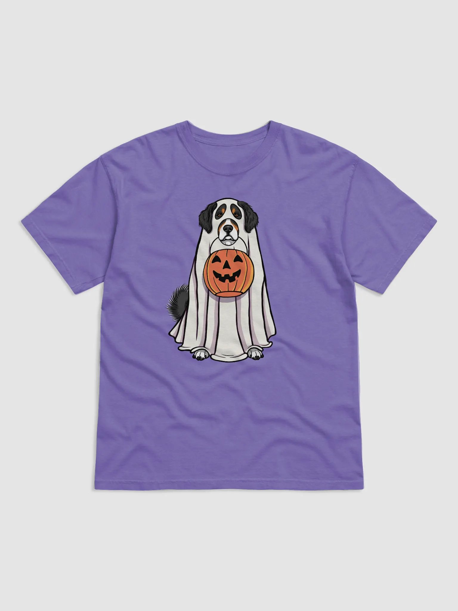 Funny Halloween Bernese Mountain Dog T-Shirt | Funny Berner Wearing a Ghost Costume and Holding a Pumpkin Basket product image (1)