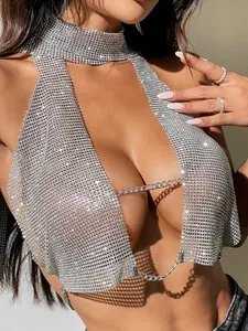 Silver Rhinestone & Chainmail Halter Crop Top product image (1)