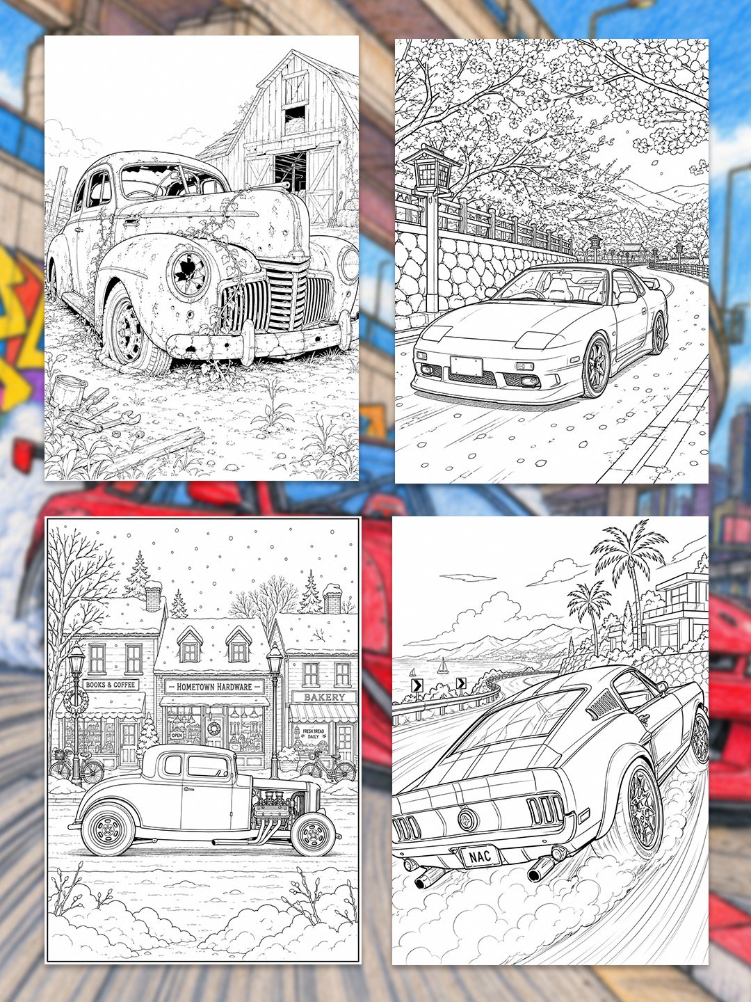 Car Coloring Pages Printable | 110+ Muscle, Drift, Hot Rod & Classic Car Designs | A4 Automotive Coloring Book product image (4)