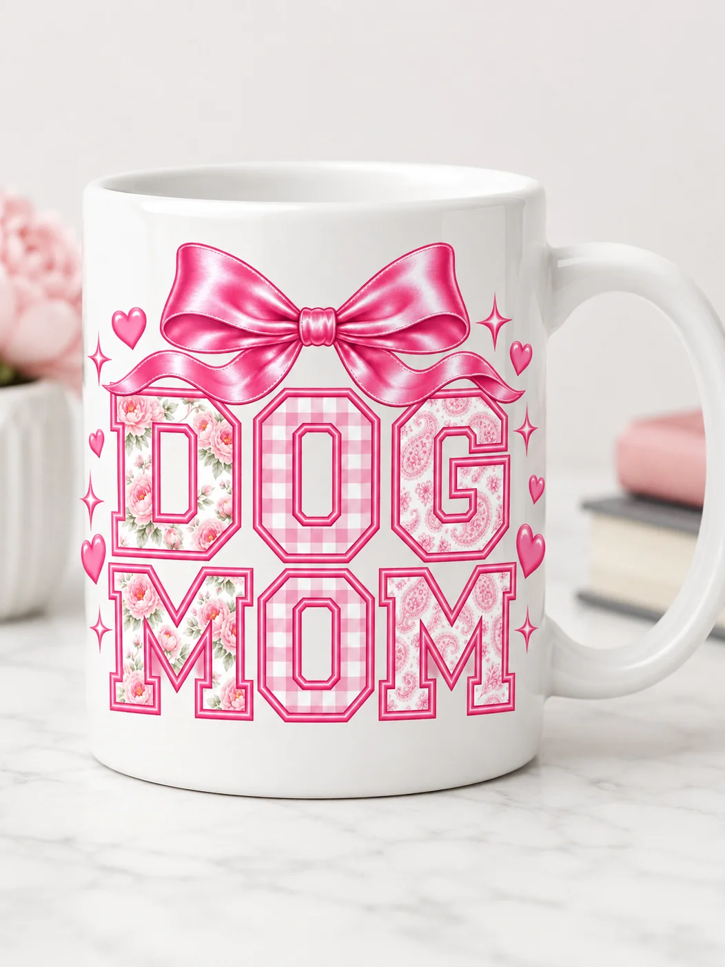 Coquette Dog Mom Mug | Pink Bow Floral Varsity Dog Mom Cup product image (2)