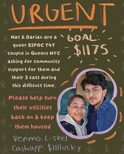 URGENT NEED

Alt text: Nat and Darian are a queer BIPOC t4t couple in Queens NYC asking for community support for them and th...