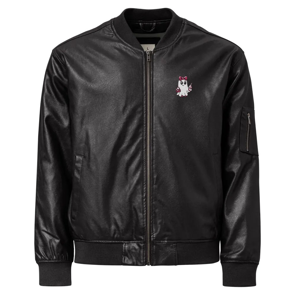 Cute Ghost Embroidered Faux Leather Bomber Jacket product image (1)