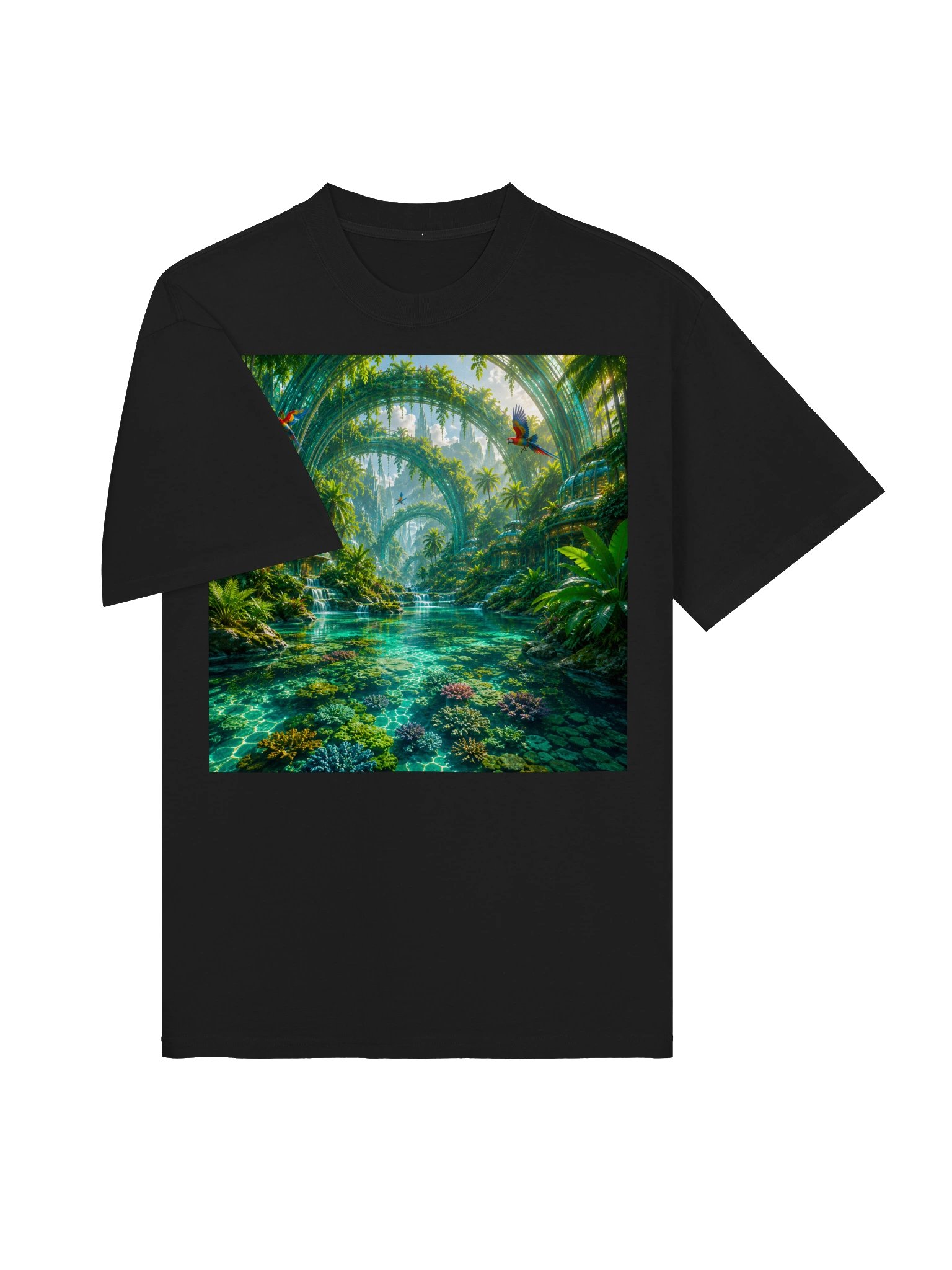 Futuristic Tropical Utopia T-Shirt | Turquoise Lagoon & Coral City Graphic Tee | Unisex Oversized product image (4)