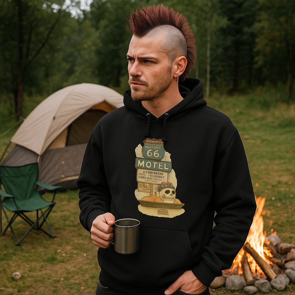 Route 66 Motel Skull Hoodie – Vintage Road Trip Día de los Muertos Sweatshirt product image (8)