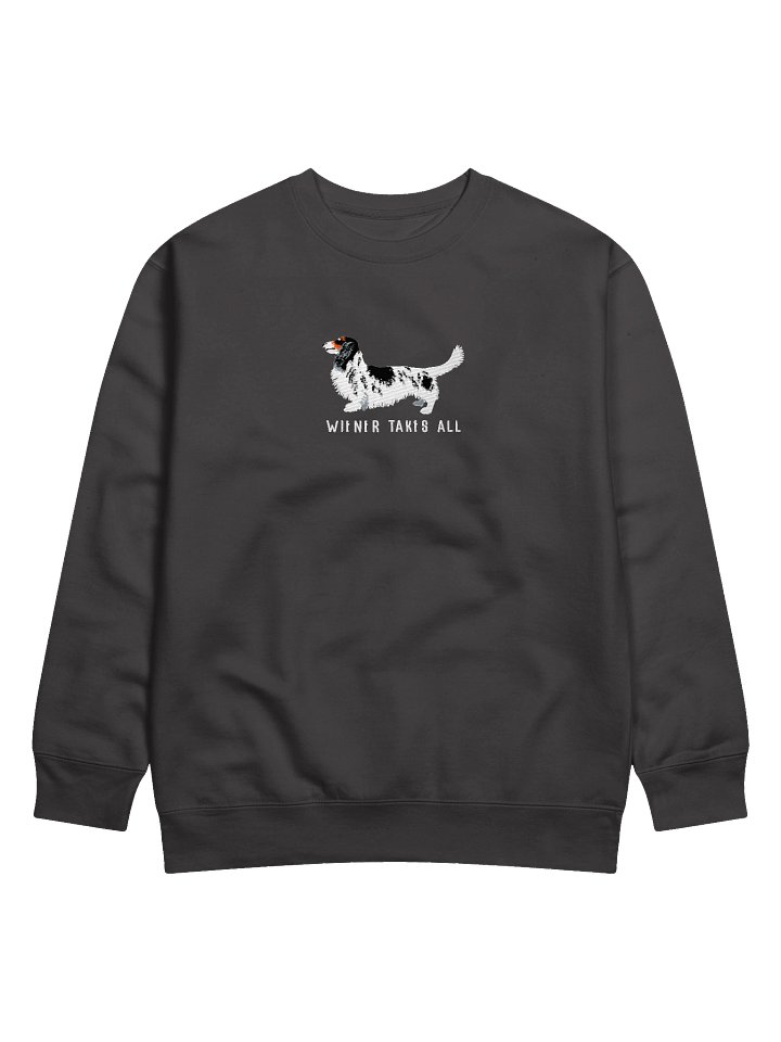 Wiener Takes All Sweatshirt (Embroidered) of a Longhaired Dachshund(Pied Black & White) product image (1)