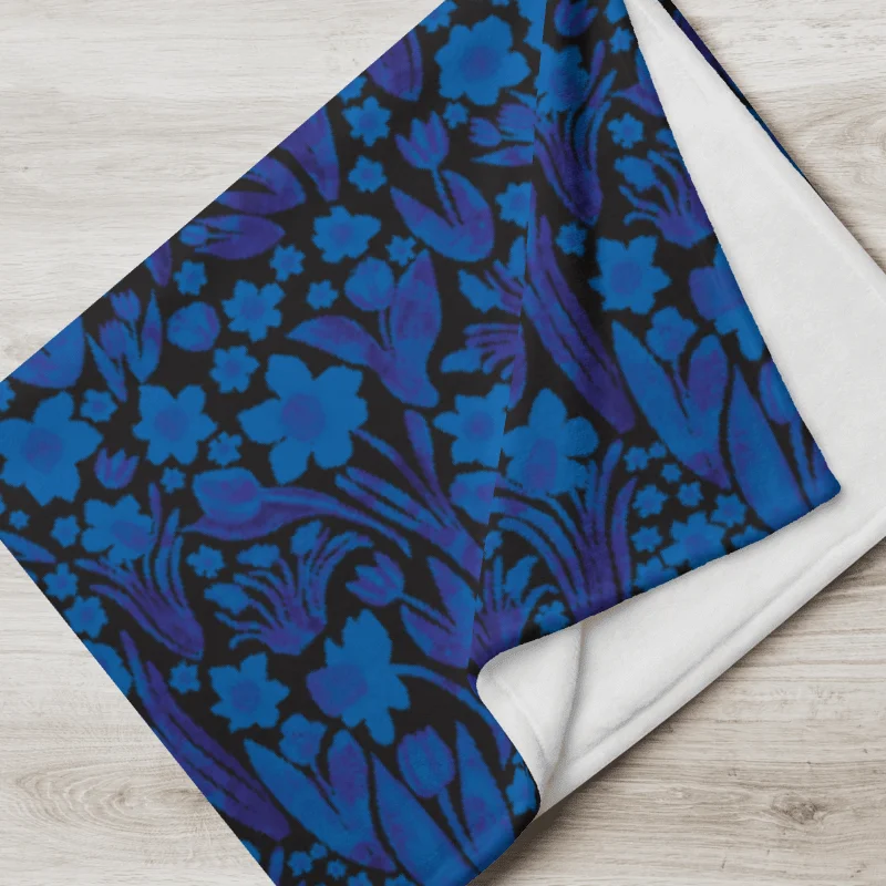 Spring Garden in Royal Blue on Black – Elegant Floral Throw Blanket product image (1)