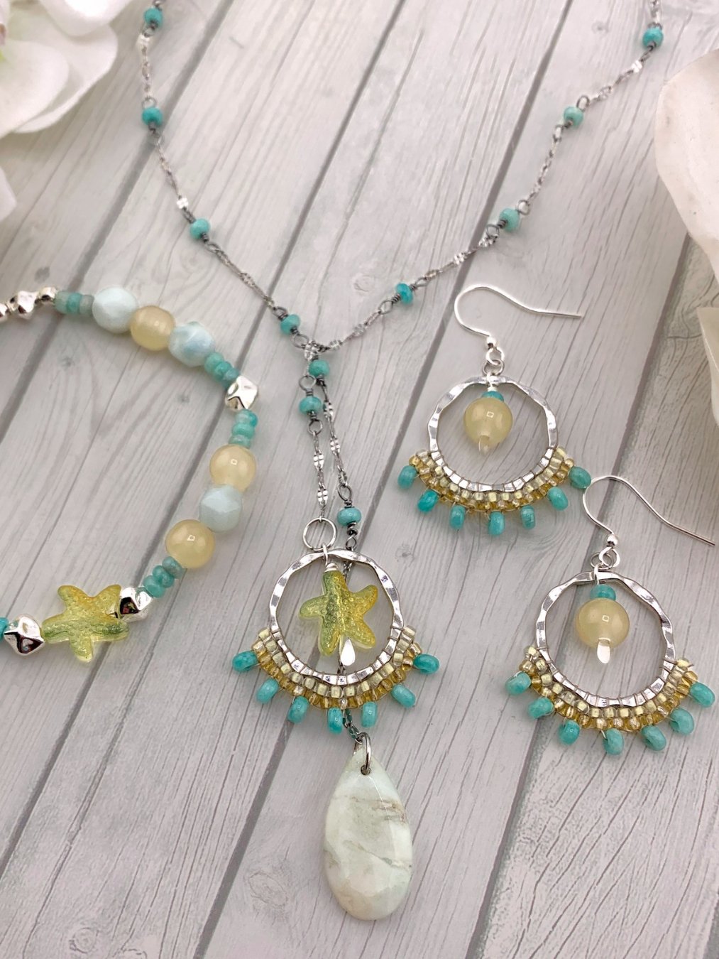 Beachy Lariat Style Silver and Aqua Beaded Necklace, Earrings, and Bracelet Set product image (4)