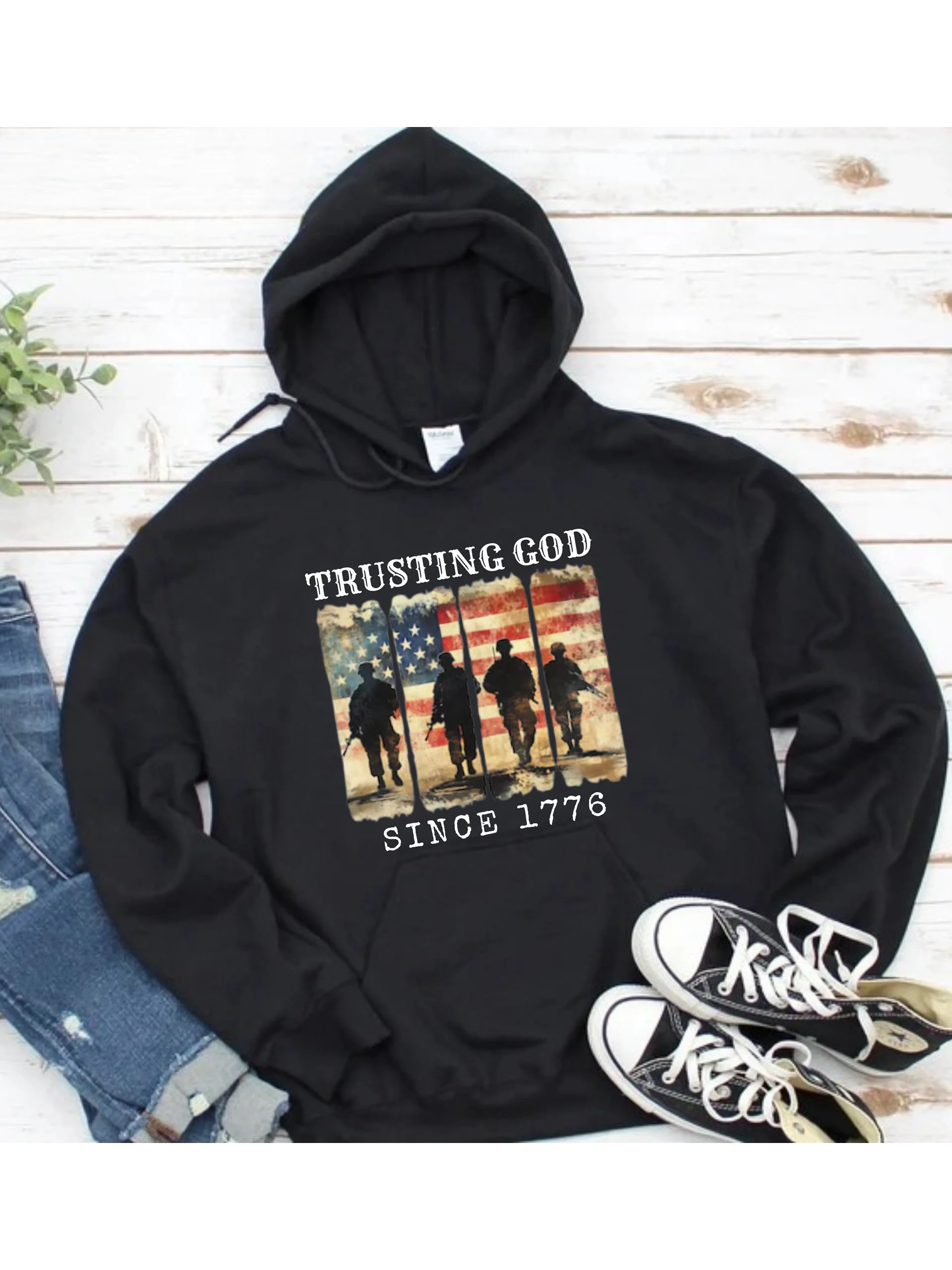 Trusting God Since 1776 American Flag Military Hoodie - Patriotic Veterans USA product image (1)