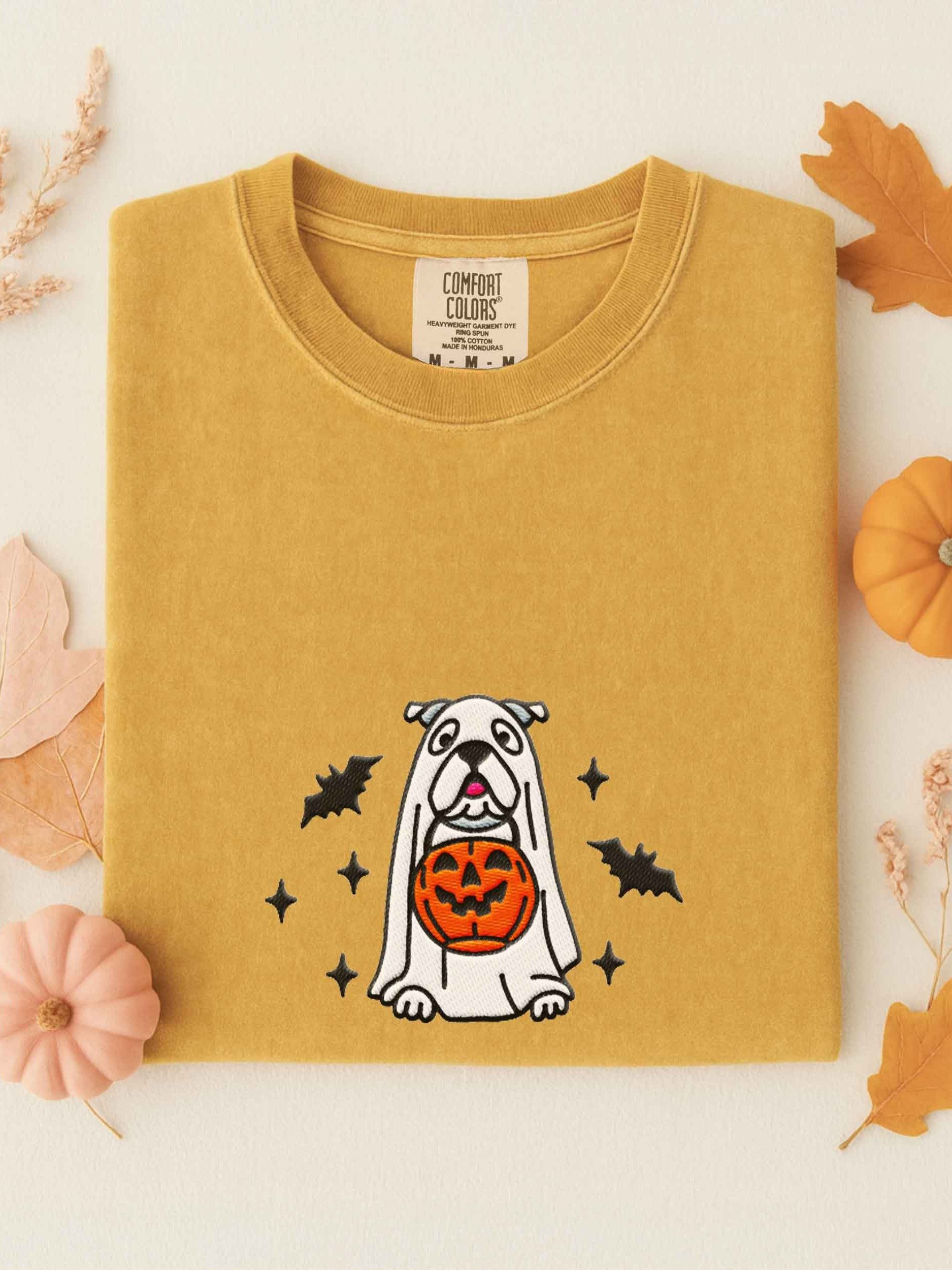 Halloween English Bulldog(White) Embroidered T-Shirt product image (1)