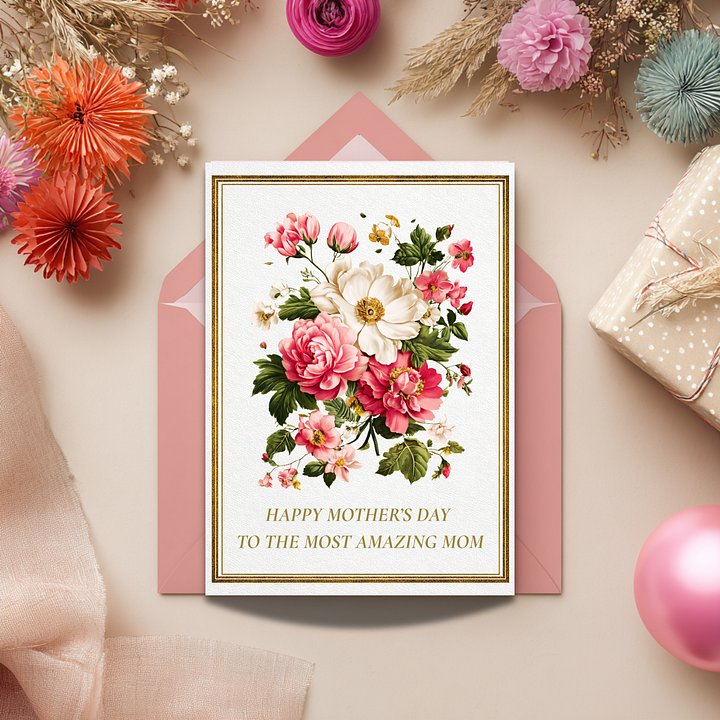 Floral Mother's Day Card, Elegant Gold Border (PDF Printable 5x7 Folded Card) product image (2)