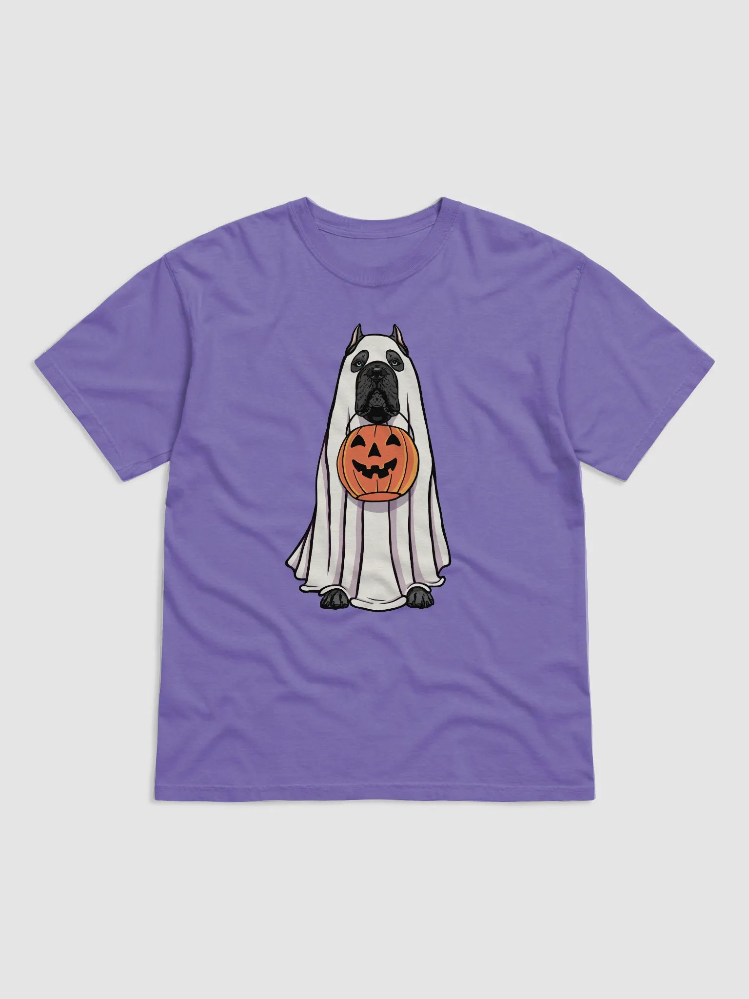 Funny Halloween Cane Corso(Blue) T-Shirt | Funny Cane Corso Wearing a Ghost Costume and Holding a Pumpkin Basket product image (1)
