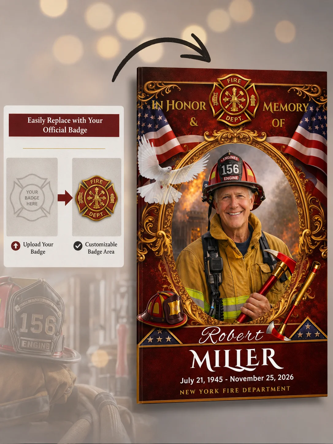 Firefighter Funeral Program Template | 4 Page Bifold Memorial | Thin Red Line Fire Dept Tribute | Editable Star of Florian Design product image (6)