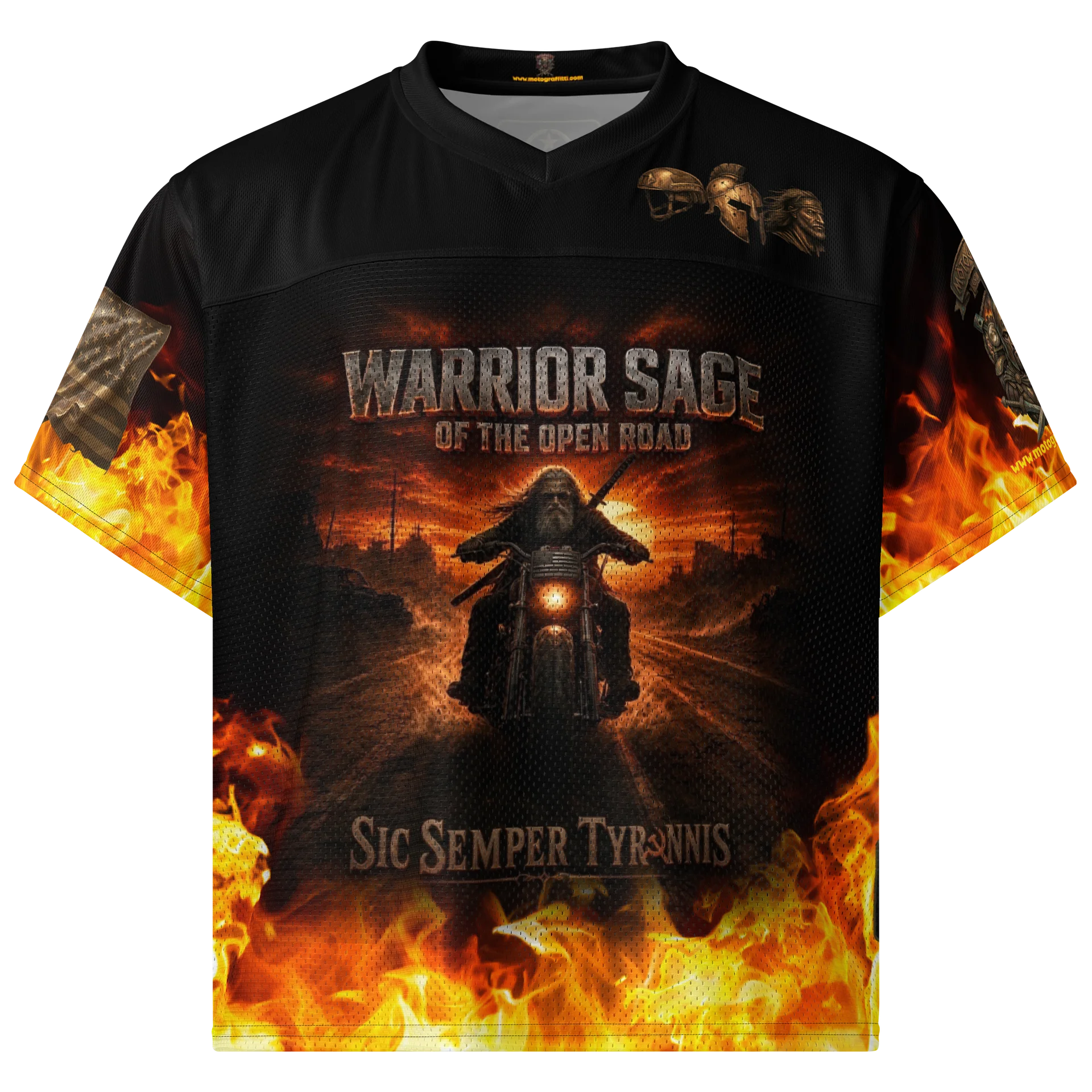 MötoGraffitti Warrior Sage Sic Semper Tyrranis Football Jersey product image (1)
