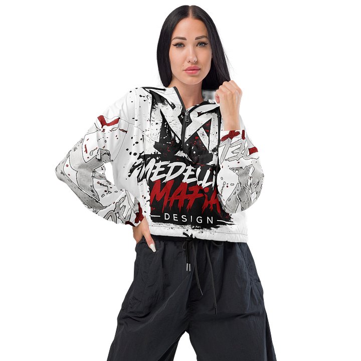 Medellin Mafia Design Women’s Cropped Windbreaker Hoodie – White Red Black Graffiti Streetwear Jacket product image (2)