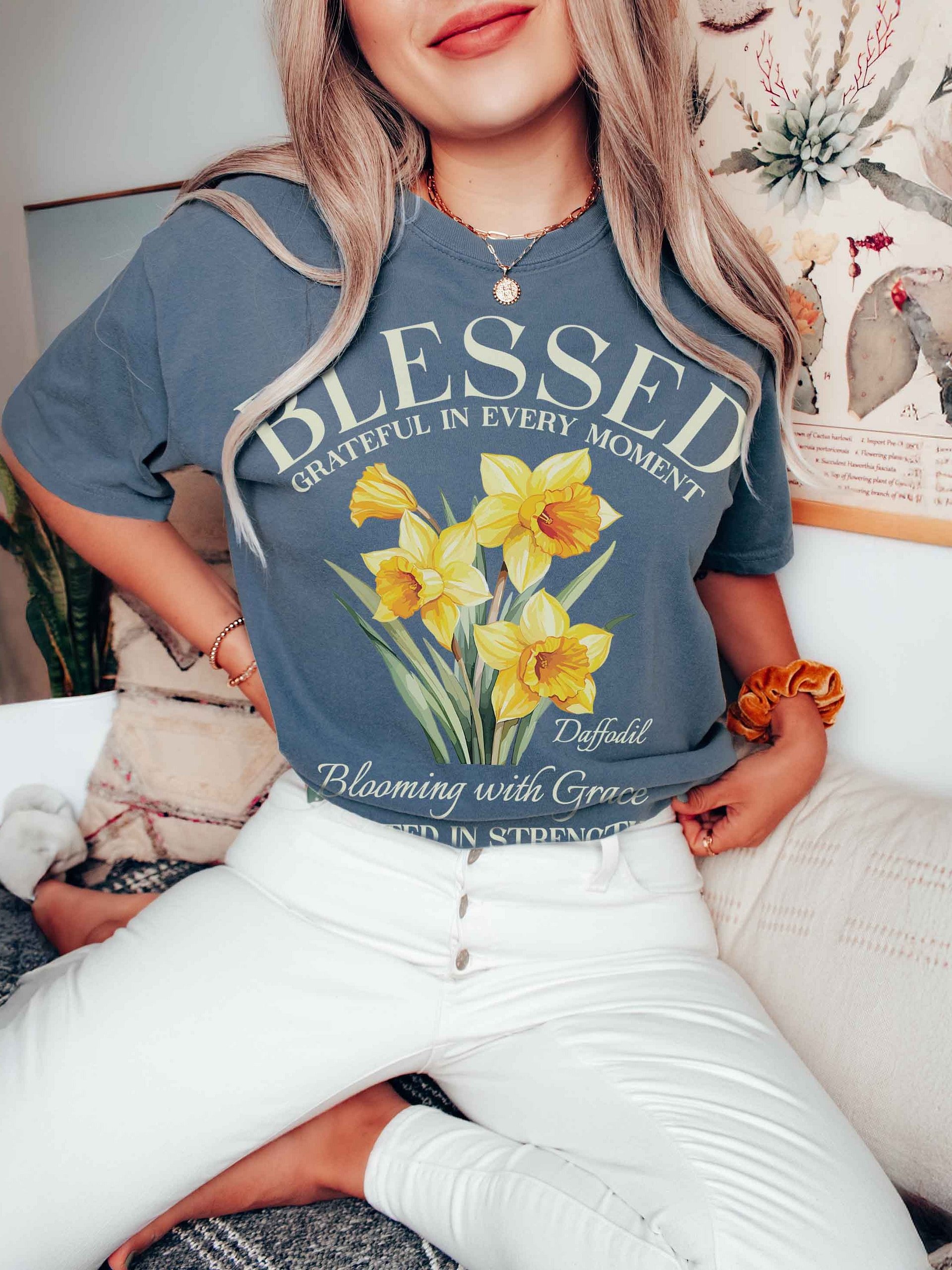 Blessed Daffodil Flower Shirt – March Birth Flower Blooming with Grace Graphic Tee product image (2)