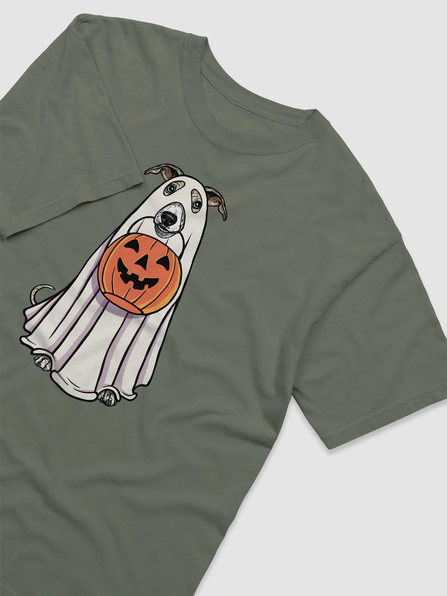 Funny Halloween Whippet(Fawn Brindle) T-Shirt | Funny Dog Wearing a Ghost Costume and Holding a Pumpkin Basket product image (6)
