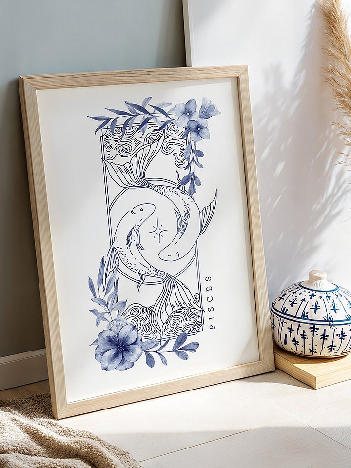 Pisces Blue Line Art Zodiac Print product image (1)