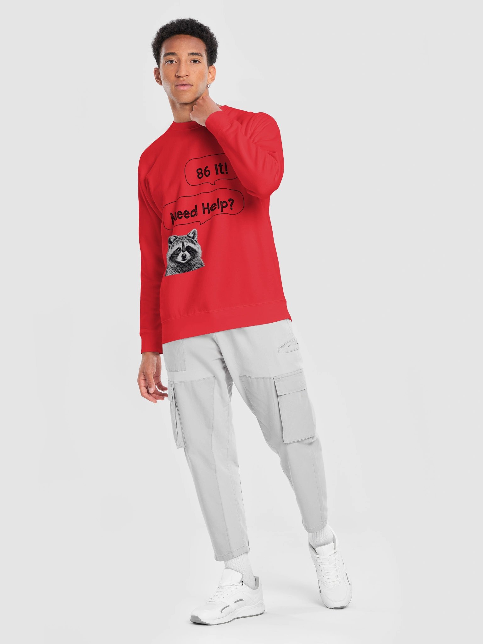 86 It! Need Help? White Background Chat Raccoon Face Sweatshirt product image (7)