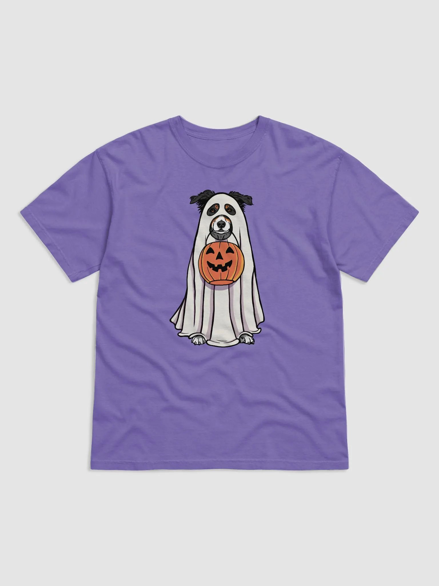 Funny Halloween Australian Shepherd(Tricolor)T-Shirt | Funny Aussie Wearing a Ghost Costume and Holding a Pumpkin Basket product image (1)