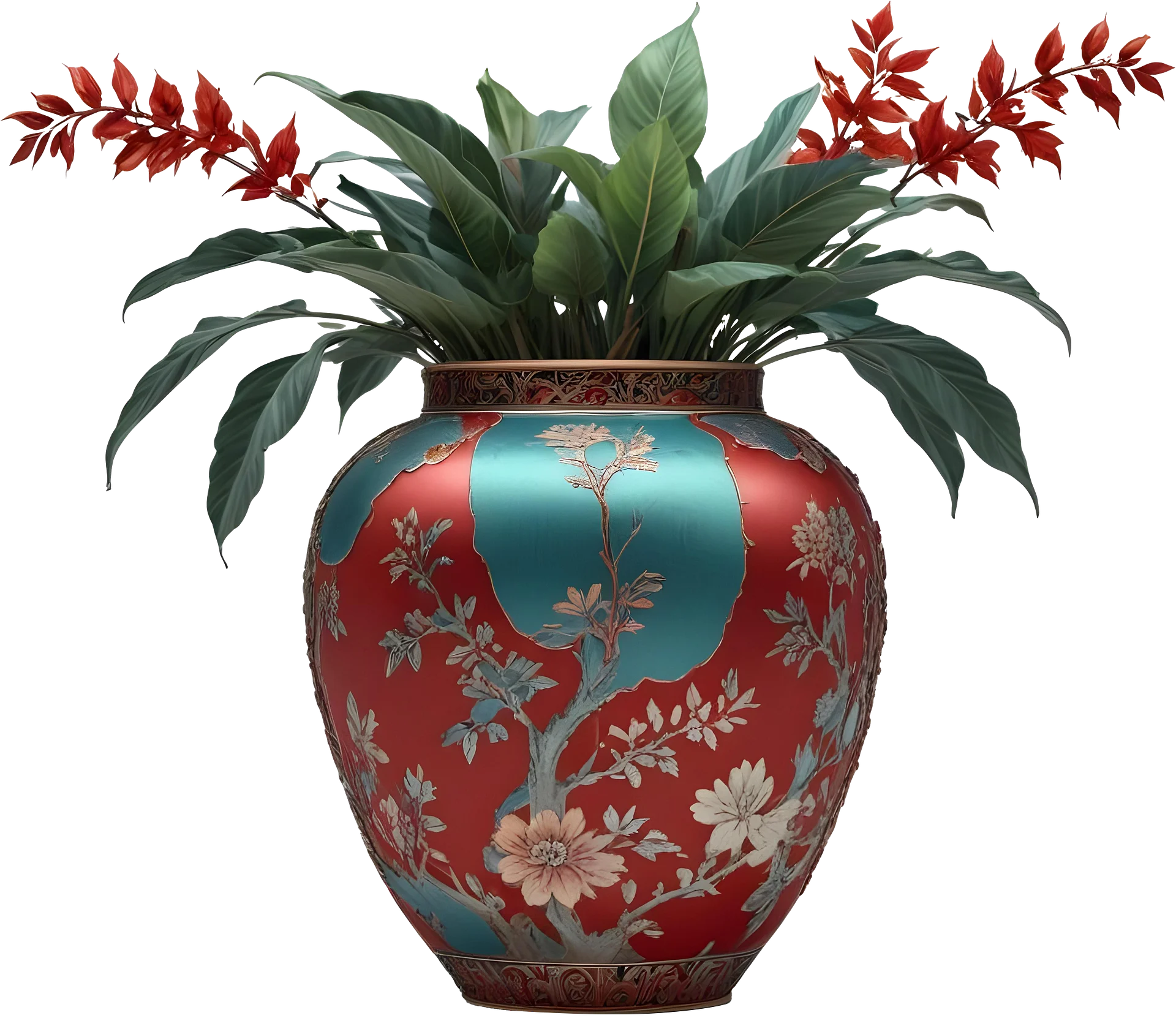 Chinese Porcelain Vase – Luxurious Red and Turquoise Floral Design PNG product image (1)
