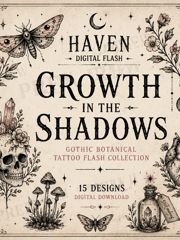 Growth in the Shadows — Gothic Botanical Tattoo Flash Collection | Digital Download product image (1)