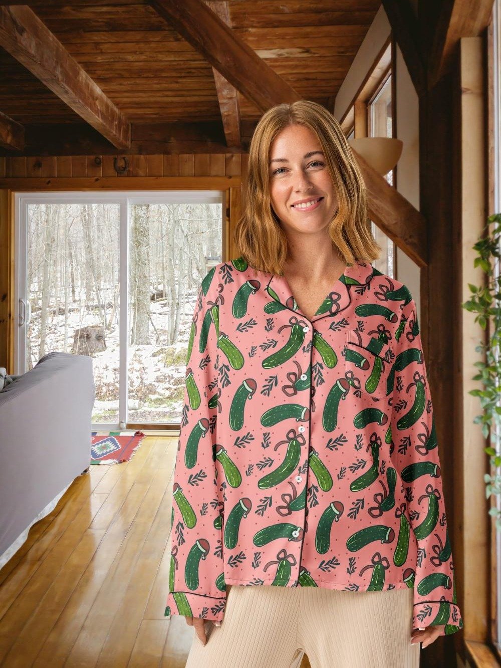 Funny Christmas Pickles Pattern Pyjama Shirt, Pink product image (1)