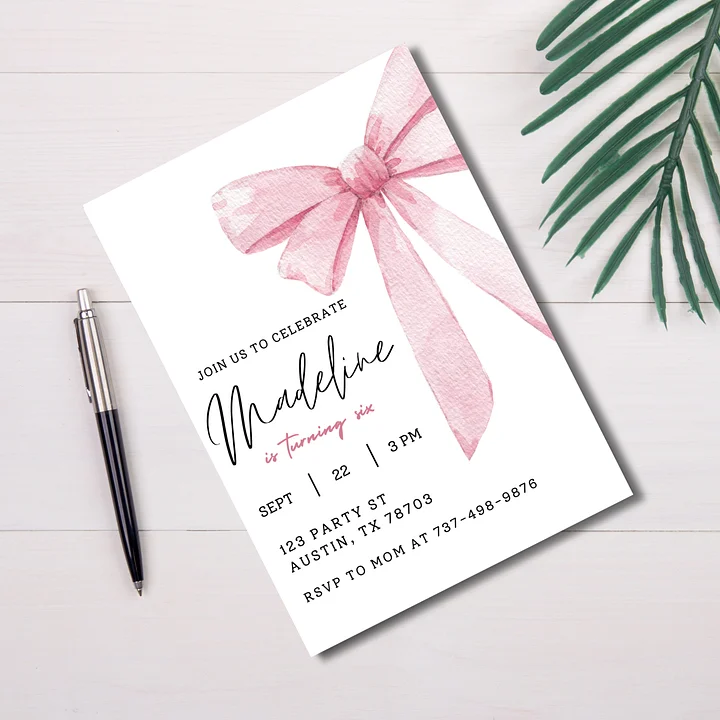 Pink Bow Birthday Invitation Template – Canva Editable Invitation for Girls product image (2)