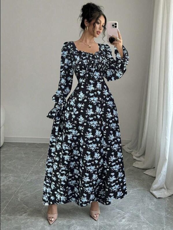 ADLEST Rafferiza Elegant Floral Print Square Collar Ruffled Sleeve Pearl Button Decor Dress, For Spring & Autumn Maxi Women Outfit Fall Cloth For Women product image (1)