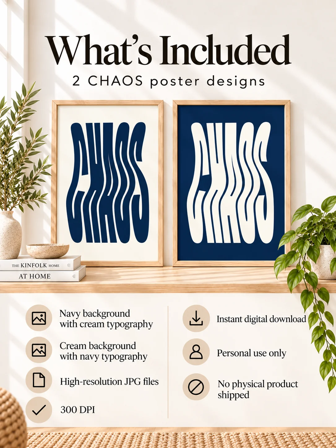 CHAOS Wavy Typography Poster, Navy Blue Retro Printable Art, Y2K Abstract Statement Decor, Minimal Digital Download product image (2)