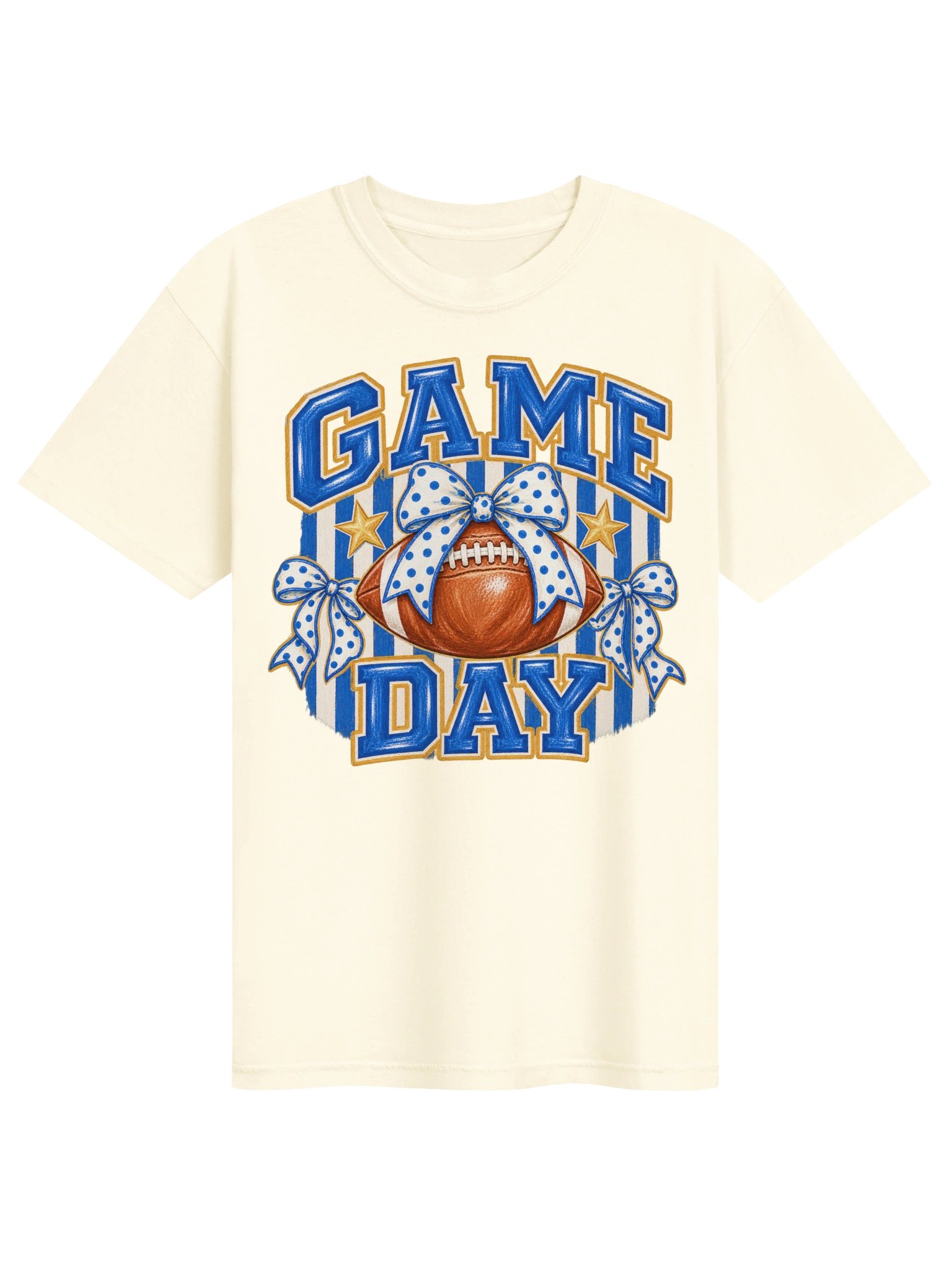 Preppy Game Day Football Shirt, Striped Blue and Gold, Polka Dot Bow Tee, Football Mom Shirt, Cute Football Season Top, Game Day Outfit product image (1)