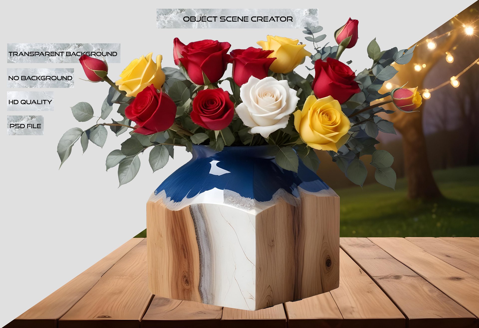 Romantic Harmony – Geometric Wooden Vase with Roses PNG product image (2)