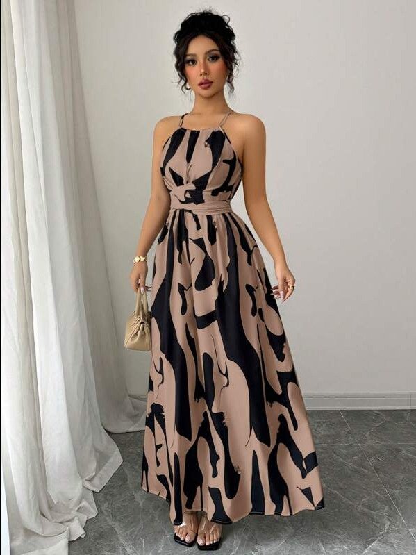 Elenzga Women's Elegant Halter Neck Cold Shoulder Ruched Twist Design Colorblock Asymmetrical Floral Print A-Line Maxi Dress, Spring/Summer product image (1)