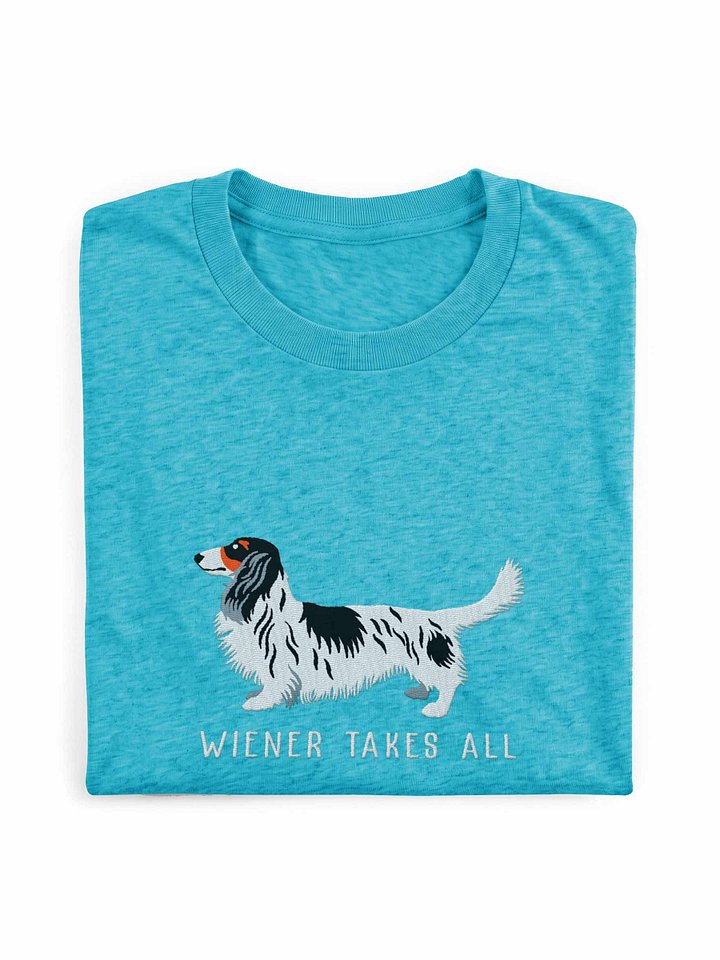 Wiener Takes All T-Shirt(Embroidered) of a Longhaired Dachshund(Pied Black & White) product image (1)